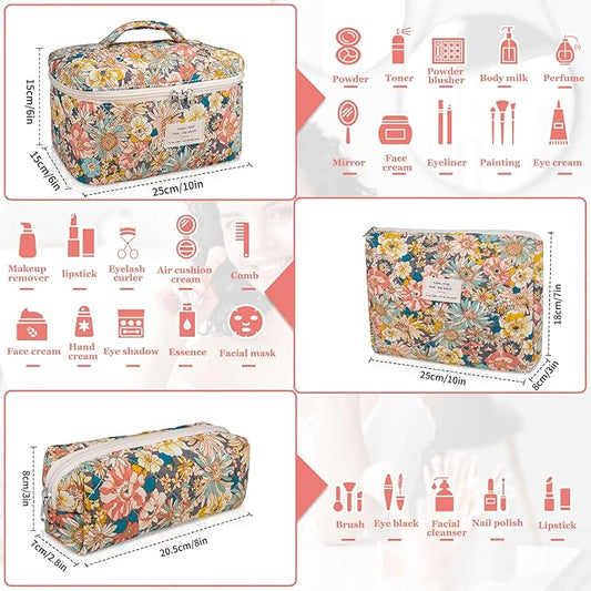 Makeup Bag Set, Quilted Makeup Bag, Large Floral Cosmetic Bag for Women, Cute Cotton Makeup Bags, Flower Travel Toiletry Organizer Bag (South Twigs Flower)