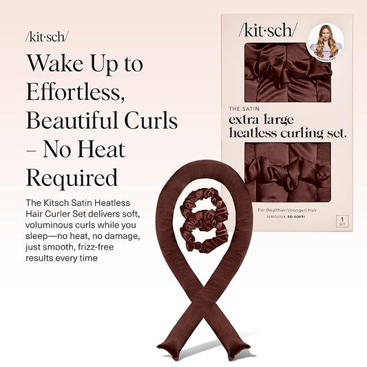 Kitsch Satin Heatless Hair Curler Set - Heatless Curls Overnight with Hair Curler & 2 Satin Scrunchies - Hair Curlers to Sleep in for Overnight Curls - Overnight Blowout Rods - Chocolate