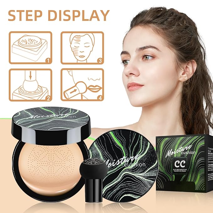 Mushroom Head Air Cushion CC Cream - BB Cream Foundation Makeup Moisturizing Concealer Long-Lasting, Cushion Foundation Full Coverage Self Adjusting for Mature Skin & All Skin Types (2 PCS Buff Beige)
