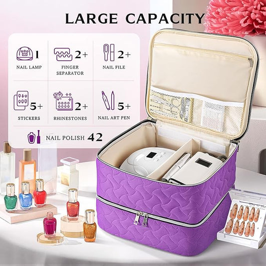 DreamGenius Nail Polish Organizer Case Holds 42 Bottles, Portable Double-Layer Nail Polish Storage Bag with Adjustable Dividers for Manicure Tools, Purple