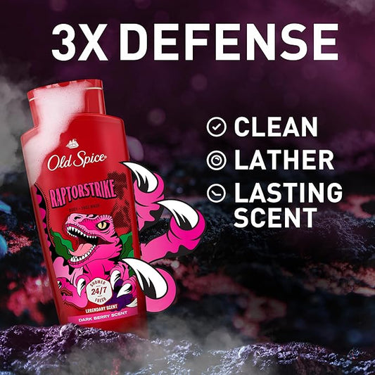 Old Spice Cleansing Body Wash for Men, 3X Defense, 24/7 Shower Fresh with Lasting Scent, 2-in-1 Body & Face Wash, Raptorstrike with Dark Berry Scent, 24 oz (Pack of 4)