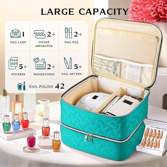 DreamGenius Nail Polish Organizer Case Holds 42 Bottles, Portable Double-Layer Nail Polish Storage Bag with Adjustable Dividers for Manicure Tools, Blue