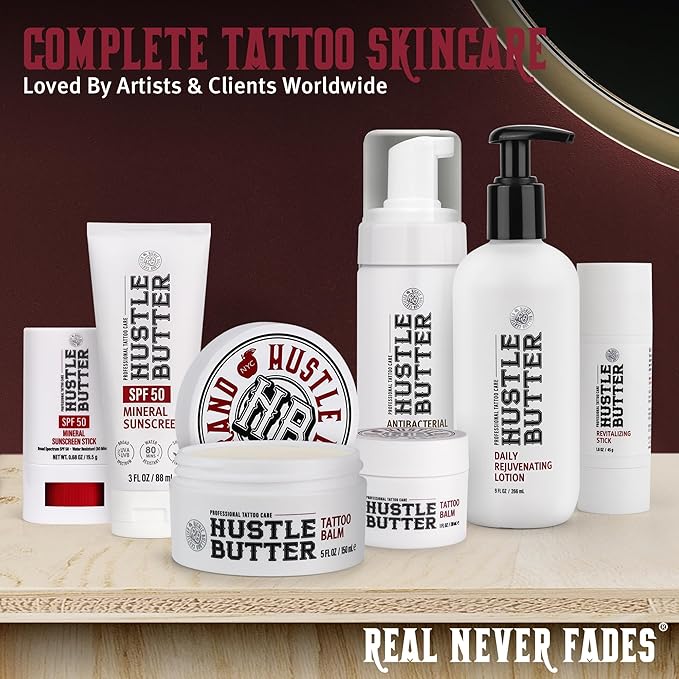 Hustle Butter Tattoo Aftercare Sunscreen - Tattoo Sunscreen Lotion - Fade Protection, SPF 50, Hydrating with Shea Butter & Coconut Oil, TSA-Friendly, Water Resistant, Non-Greasy, 3 oz