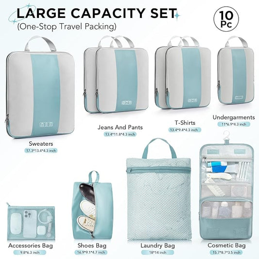 10 Set Compression Packing Cubes for Travel Essentials,Compressible Expandable Packing Cubes for Suitcase,OlarHike Luggage Organizer Bags for Travel,Handy Helper for Organizing Clothes(Blue Gray)