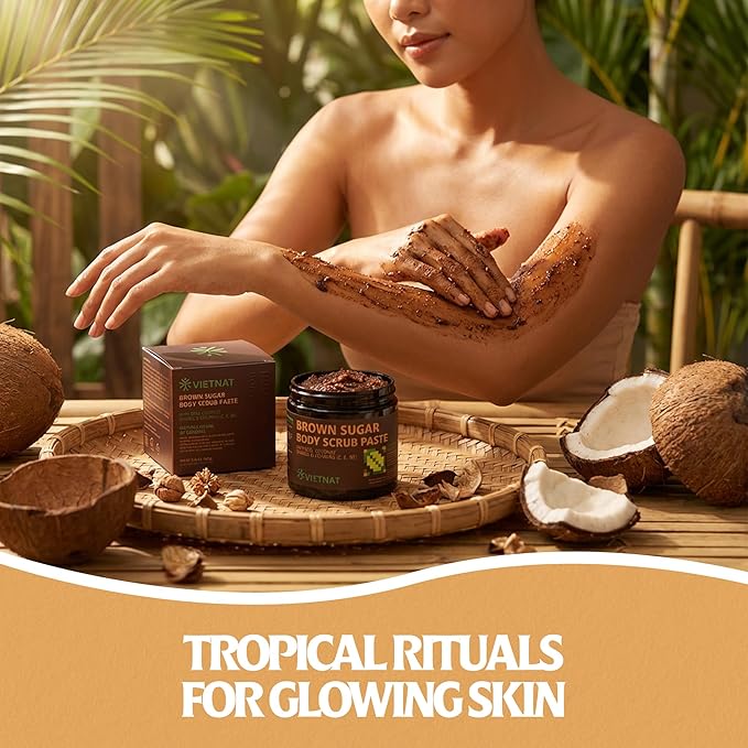 Exfoliating Brown Sugar Body Scrub with Coconut Shreds, Vitamins C, E & B5 – Softens & Refreshes Look of Skin – 8.8 oz