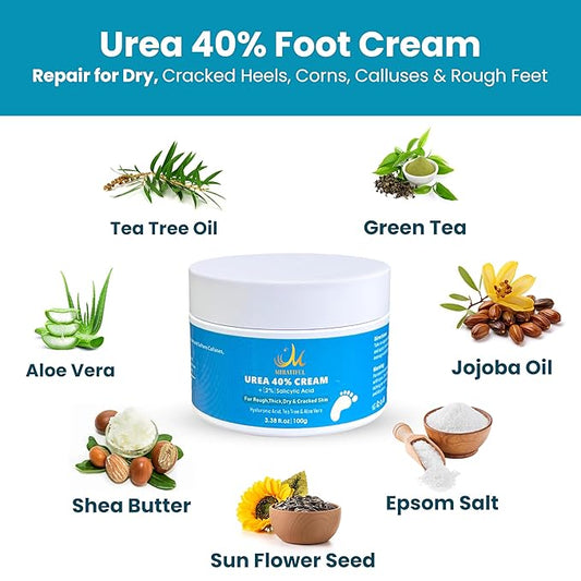 Urea Cream 40% w 2% Salicylic Acid (4 oz) | Softens Cracked Heels & Dry Skin Urea Salicylic Acid Cream w/Tea Tree & Coconut Oil | Urea 40 Cream for Callus & Corn Treatment