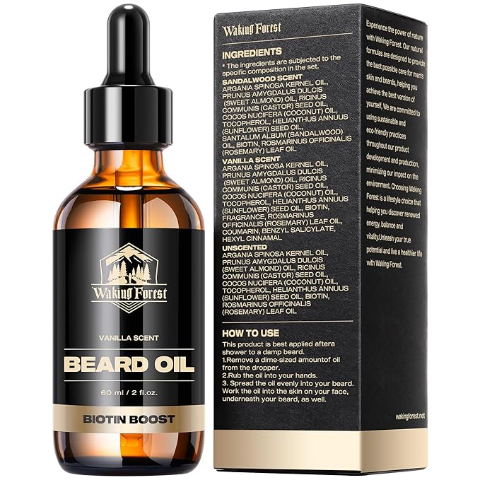 Waking Forest Vanilla Beard Oil for Men 60 ml - Biotin Mustache Oil with Vitamin E, Rosemary & Castor - Beard Care Softener, Strengthens, and Moisturizes - Beard Conditioner (2 oz)