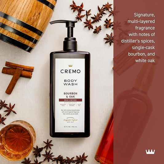 Cremo Rich-Lathering Bourbon & Oak Body Wash for Men, Notes of Distillers Spice, Fine Bourbon and White Oak, 32 Fl Oz