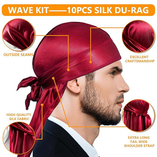 Silky Durags for Men Wave Pomade Strong Hold Easy Wash 360 Wave Training Hair Cream, Wave Butter Waves Grease for Men Promotes Layered Waves Silky Satin Durag Extra Long Tails Wave Brush Wave Cap Set