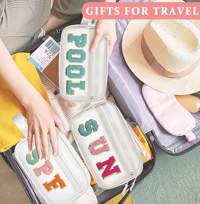 COSHAYSOO Clear SPF Makeup Bag Sunscreen Zipper Pouch Waterproof Toiletry Chenille Letter Purse, Summer Beach Vacation Essentials Stuff Preppy Travel Trip Easter Birthday Gifts for Women Teens