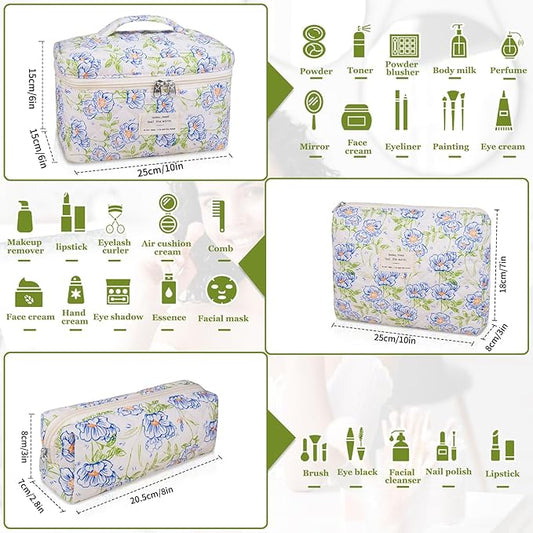 3PC Makeup Bag Set, Quilted Makeup Bag, Large Floral Cosmetic Bag for Women, Cute Cotton Makeup Bags, Flower Travel Toiletry Organizer Bag (light blue)