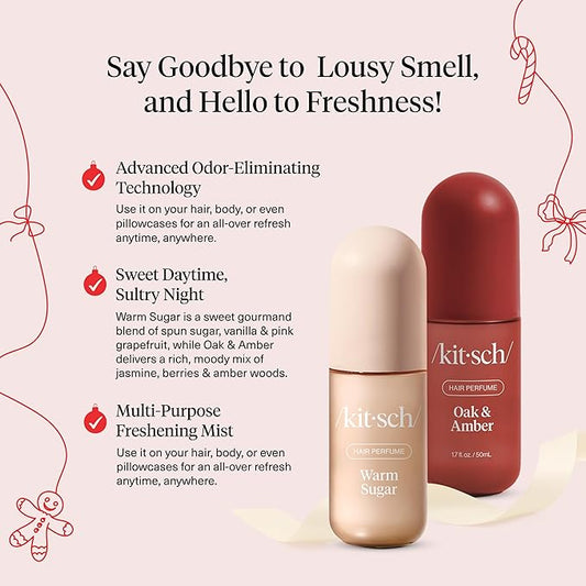 Kitsch Hair Perfume for Women- Warm Sugar and Oak & Amber | Clean, Deodorizing & Patented Odor-Eliminating Technology Hair Spray & Body Mist- Freshen Hair, Pillows | Ideal Gifts for Women - 50mL, 2pcs