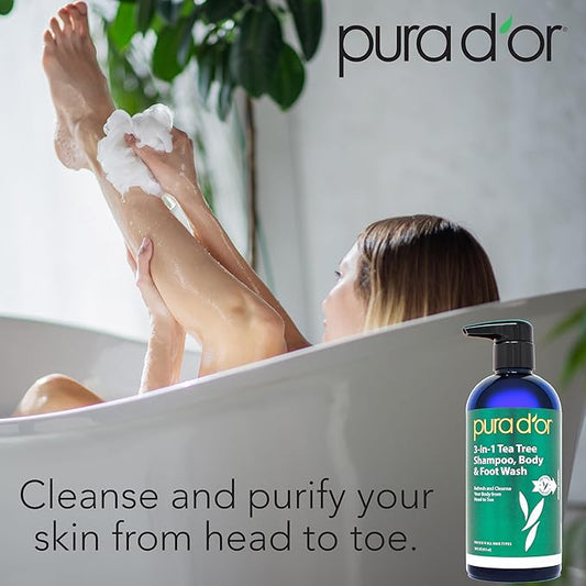 PURA D'OR 16 Oz 3-in-1 Tea Tree Shampoo, Body & Foot Wash, Shampoo - Total Body Care - Foot Odor & Daily Hygiene, Cleansing Routine, Post-Workout Refreshment - Soothes, Invigorates, Nourishes