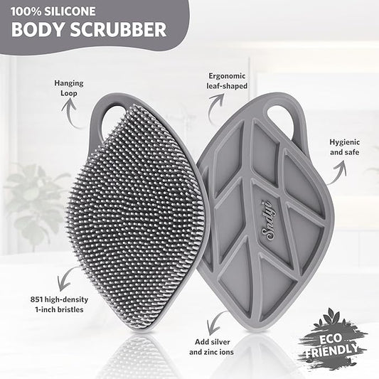 Sndyi Silicone Body Scrubber, Gentle Exfoliating Body Scrubber for Sensitive Skin, Leaf Shaped Shower Scrubber for Body with Lathering Bristles, Silicone Loofah Body Brush for Showering, Gray