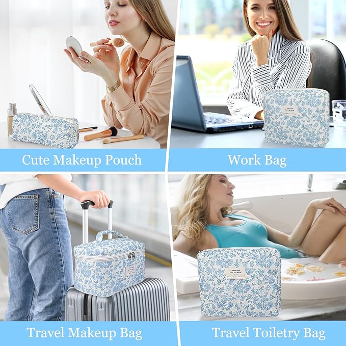 3pc Makeup Bag Set, Quilted Makeup Bag Set, Large Floral Cosmetic Bag for Women, Cute Cotton Makeup Bags, Flower Travel Toiletry Organizer Bag (Bright Pink)