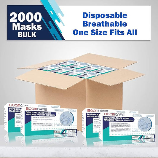 2000 Bulk Blue Disposable Face Masks Level 2 Non Woven Thick 3-Layers Breathable Facial Masks with Adjustable Earloop, Mouth and Nose