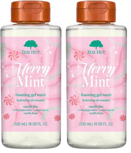 Tree Hut Merry Mint Foaming Gel Wash, Moisturizing & Hydrating Body Wash with Shea Butter, Gently Cleanses for Soft, Fresh & Radiant Skin, 18 fl oz (Pack of 2)