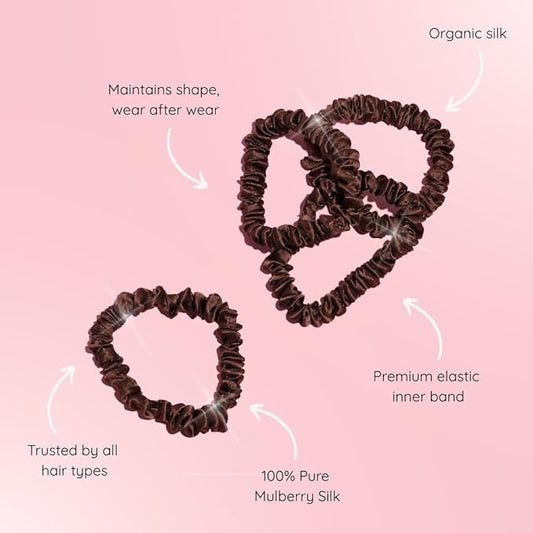 SILKIE x4 Set 100% Pure Mulberry Silk Brown Skinny Scrunchies Travel Pouch Everyday Hair Ties Elastics Hair Care Ponytail Holder No Damage (Praline)