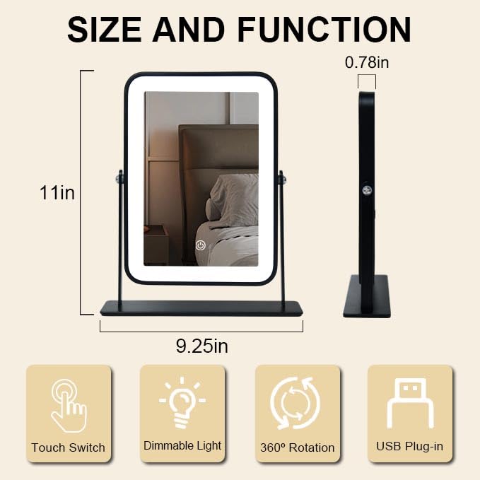 Portable Desk Vanity Mirror with Lights,Black Rechargeable Small Makeup Mirror with Lights,Mini Dorm Mirror,Touch Screen with 3-Color Lighting,Dimmable,for Tabletop,Bedroom,Bathroom