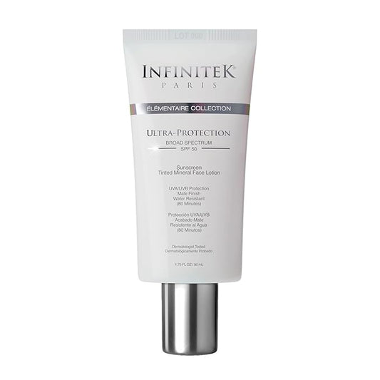 Infinitek Paris Skin Care Face Sunscreen Tinted Mineral Moisturizer Lotion SPF 50, 1.75Fl Oz - UVA/UBV and Blue Light Protection, Matte Finish, Water Resistant, Daily Lightweight Facial Sunblock