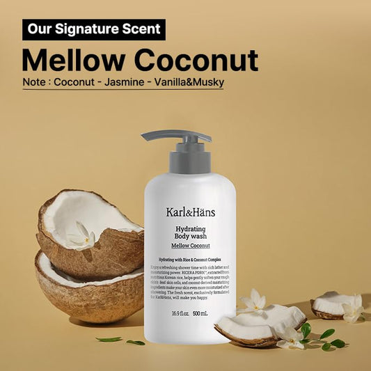 Karl&Hans Hydrating Body Wash – Refreshing Cleanser with Coconut-Derived Moisturizers, RICERA PDRN & Ceramide Complex, Pump Dispenser for Daily Ease (Mellow Coconut)