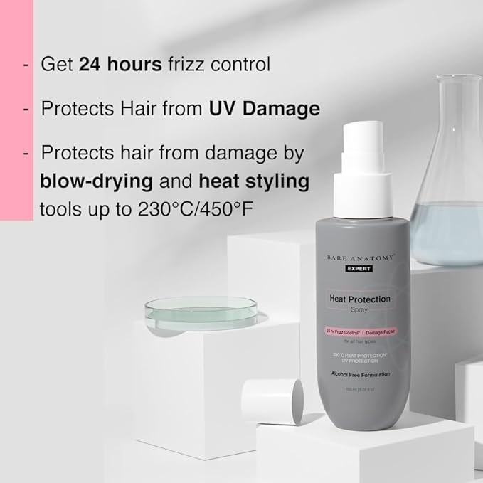Bare Anatomy Heat Protection Spray Serum| Controls Frizz for up to 24 Hrs | Vitamin E, Pea Protein & Veg Keratin Enriched | Paraben Free | For Women & Men | Vegan |230 °C Heat Protection 5.2 Floz