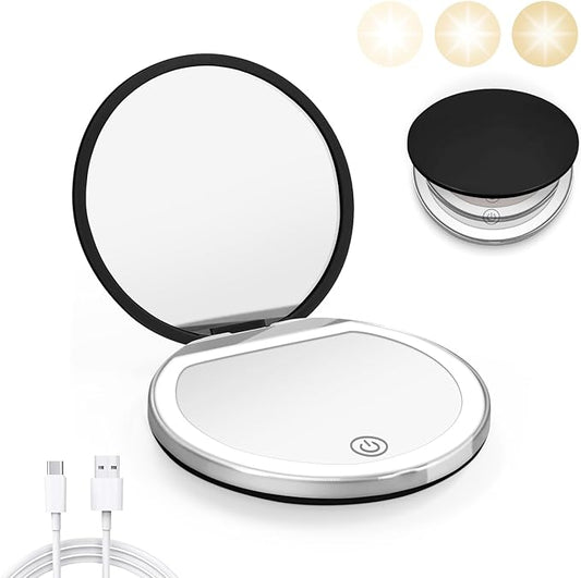 Compact Mirror with Light, 1X/3X Magnification LED Pocket Mirror with USB Data Cable,Mini Mirror for Purse, Pocket,Travel and Present (Black)