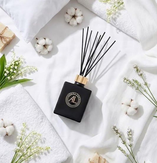 Fresh Linen- Reed Diffuser Set - Scent Sticks - Non-Toxic- Bathroom Diffuser - with 5oz Oil - Black Reed Diffusers for Home & Office - Elegant Scented Sticks for Desk