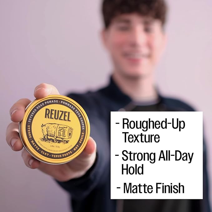 Reuzel and Liquid Death Severed Head Matte Clay Pomade, Strong All Day Hold, Water Soluble, Matte Finish and Non-Greasy Formula, Easy To Wash Out, For All Hair Types, 3.38 oz