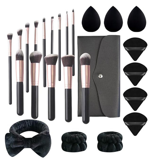 25Pcs Makeup Brush Sets with Wristbands and Headband, Including 14Pcs Makeup Brushes, 3Pcs Blender Sponge, 4Pcs Powder Puffs, Multi-functional Makeup Tool Set for Women and Girls (Black)
