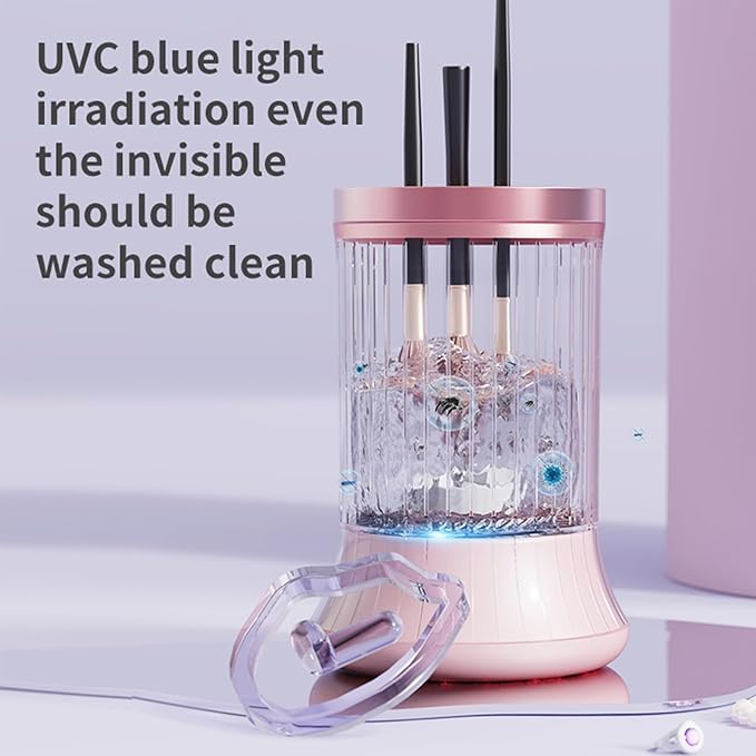 Electric Makeup Brush Cleaner Machine, Automatic USB Cosmetic Brushes Cleaner Tool Makeup Brush Cleaner for Makeup Sponges and Brushes, Washing and Drying Holder Combined(Pink)