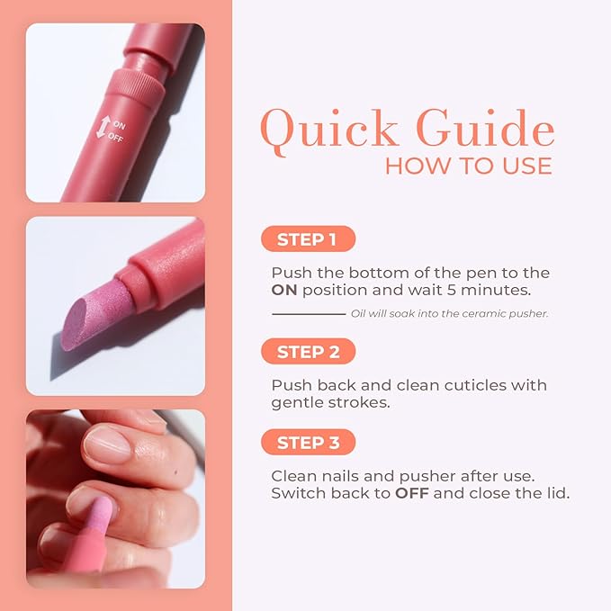 Cuticle Oil Pen 3-in-1 Ceramic Nail Buffer & Cuticle Remover – Moisturizing & Strengthening Nail Care for Dry, Damaged, Brittle Nails. (Pink)