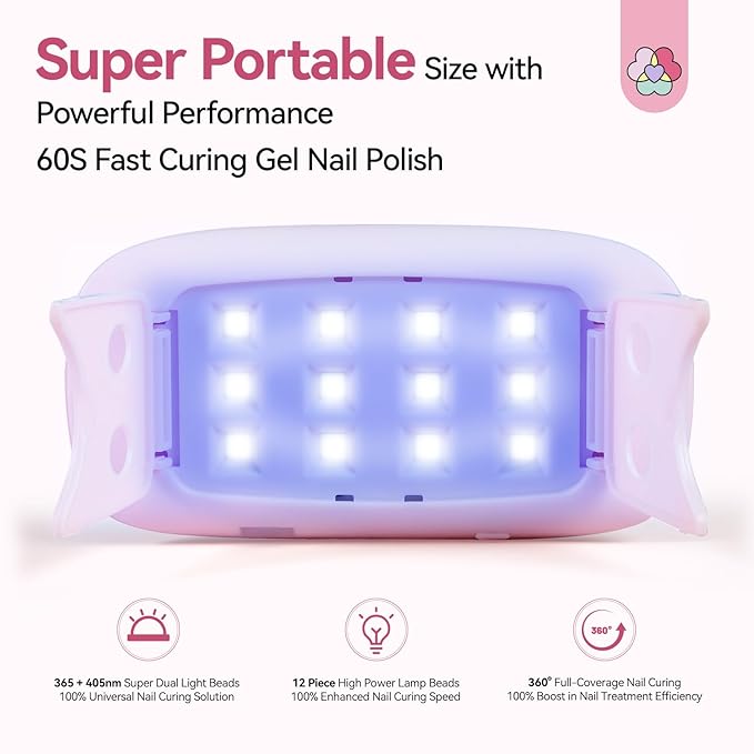 SAVILAND SSPro X Gel U V Nail Lamp: 12W Pink Mini Portable U V Light for Gel Nails Fast Curing 2 Timers Cure Lamp lampara led para uñas USB Interface Folding Design Personal DIY Home Traveling Use