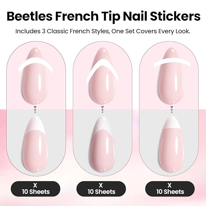 Beetles French Manicure Nail Art Stickers 30 Sheets French Tip Tool 3 Designs Self-Adhesive Nail Tips Guides for DIY Decoration Nails Art