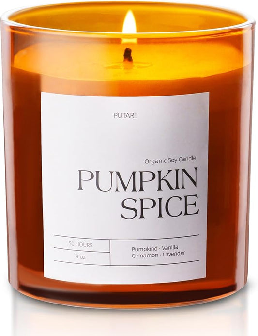 Pumpkin Spice Candles for Home Scented, Luxury & Strong Fragranced Pumpkin Soy Wax Aromatherapy Candle with Long Lasting Burn, Orange Fall Candle Gifts for Halloween, Autumn, Christmas 9oz