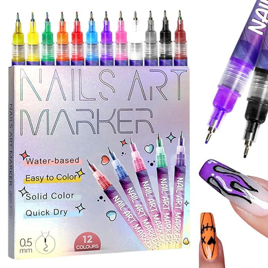 12 Colors Nail Art Pens Set, 2026 New 0.5 MM Nail Art Markers for Gel Nails, 3D Acrylic Nail Art Marker Pens, Quick-Drying Nail for DIY Nails Art Design Tools (1 Set)