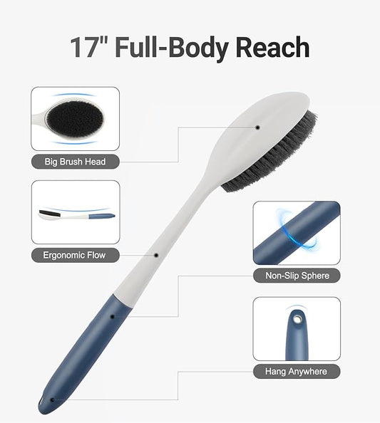 surlees Back Brush for Shower for Men & Women 17" | Body Brush for Wet & Dry Brushing | Exfoliating Body Scrubber & Back Scrubber | Shower Brush with Long Handle (Blue, Scrub Force 5-7)