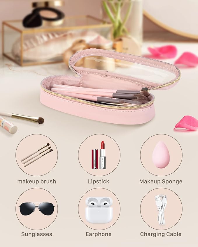 Clear Travel Makeup Brush Holder, Leather Makeup Brush Toiletry Bag, Portable Cosmetic Brush Case, Transparent Waterproof Makeup Brush Storage Bag, Pink, Large