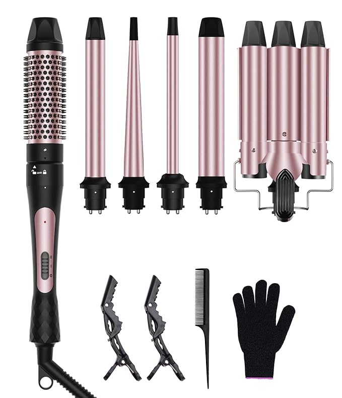 6 in 1 Wand Curling Iron, 3 Barrel Curling Iron Set with Thermal Brush (1.5") and 5 Interchangeable Ceramic Wand Curler (0.35"-1.25"), 2 Temp Heating Setting, Christmas Birthday Gifts for Women