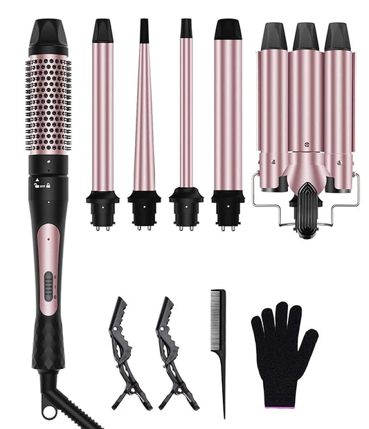 6 in 1 Wand Curling Iron, 3 Barrel Curling Iron Set with Thermal Brush (1.5") and 5 Interchangeable Ceramic Wand Curler (0.35"-1.25"), 2 Temp Heating Setting, Christmas Birthday Gifts for Women