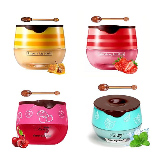 4 PCS Bee Lip Balm Honey Pot,Propolis Lip Mask Moisturizing,Reduces Lip Lines,Sleeping Lip Balm Prevention Dry and Cracked, Lip Scrubs Exfoliator (Honey & Cherry & Mint & Strawberry)