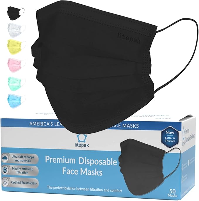 Litepak 2000pcs Disposable Face Masks Black 3-Ply Adult Mask Nose Wire Protection - Breathable Protective Face Covering