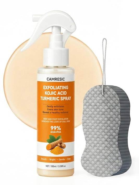 Keratin Care Kojic Acid Turmeric Exfoliating Body Spray with Soft Sponge — Brightening & Smoothing Peeling Solution for Rough, Dull Skin, All Skin Types, 100ml