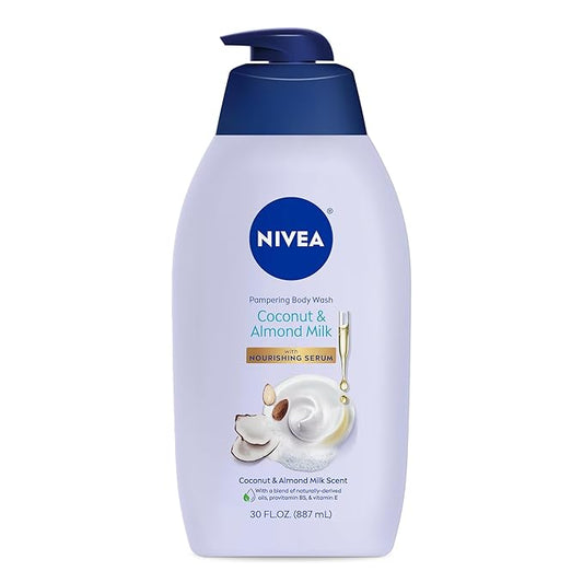 NIVEA Pampering Coconut and Almond Milk Body Wash with Nourishing Serum, Moisturizing Body Wash for Women, Enriched with Provitamin B5 and Vitamin E, 30 Fl Oz Bottle