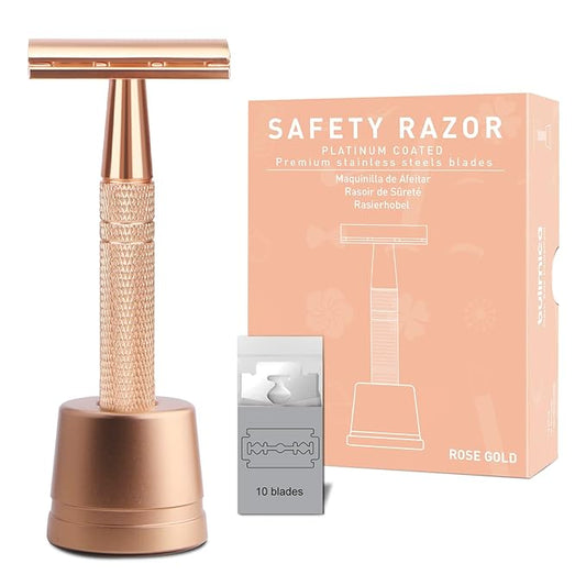 Double Edge Safety Razor with Stand, Single Blade Razors for Women, Reusable Metal Razor, with 10 Stainless Steel Double Edge Blades, Smooth and Close Shave, Plastic Free, Matte Rose Gold