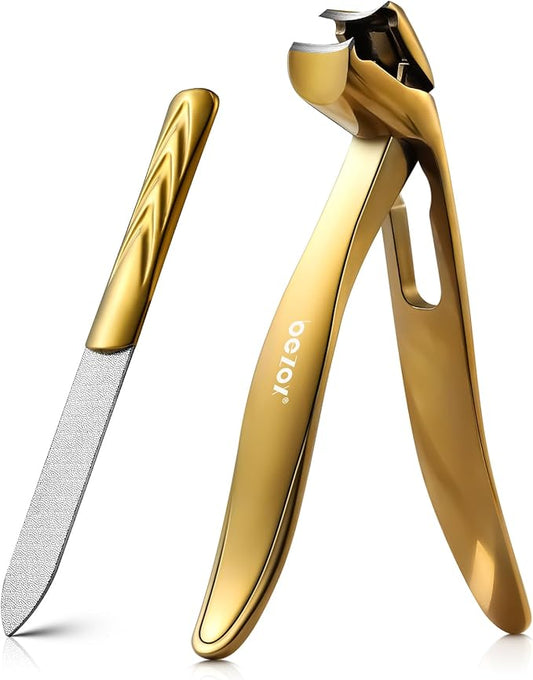 BEZOX Ergonomic Angled Head Thick Toenail Clipper for Seniors - Large Nail Clippers for Thick and Ingrown Nails with Metal Nail File, Premium Nail Cutter Fingernail Clipper for Men and Women - Golden