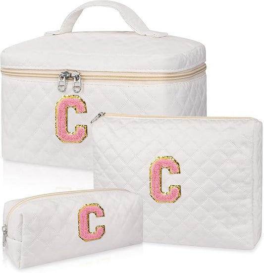 Initial Makeup Bag, Personalized Monogram Cosmetic Bag Set, Large Make up Bags | Travel Toiletry Bag | Makeup Bag for Girls Teen Girl Friend Sister Wife Girlfriend Gifts Daughter (Letter C)
