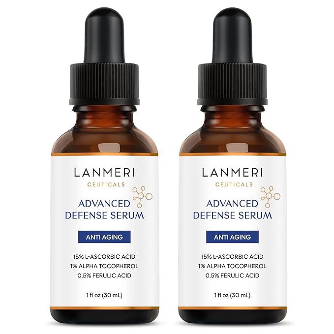 (Pack of 2) Lanmeri Ceuticals 15% Vitamin C + E + Ferulic Serum: Advanced Antioxidant Defense Formula with 1% Vitamin E & 0.5% Ferulic Acid – High-Stability Vitamin C Serum (1 fl oz)
