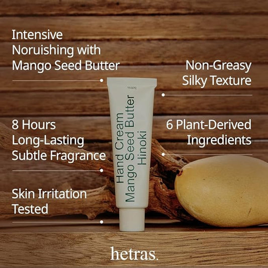 hetras. Perfume Hand Cream | Hinoki - Fresh Cypress Scent | Korean Subtle Perfumed Hand Moisturizer with Mango Seed & Shea Butter | Hydrates, Nourishes & Softens Very Dry Skin, 1.69oz.