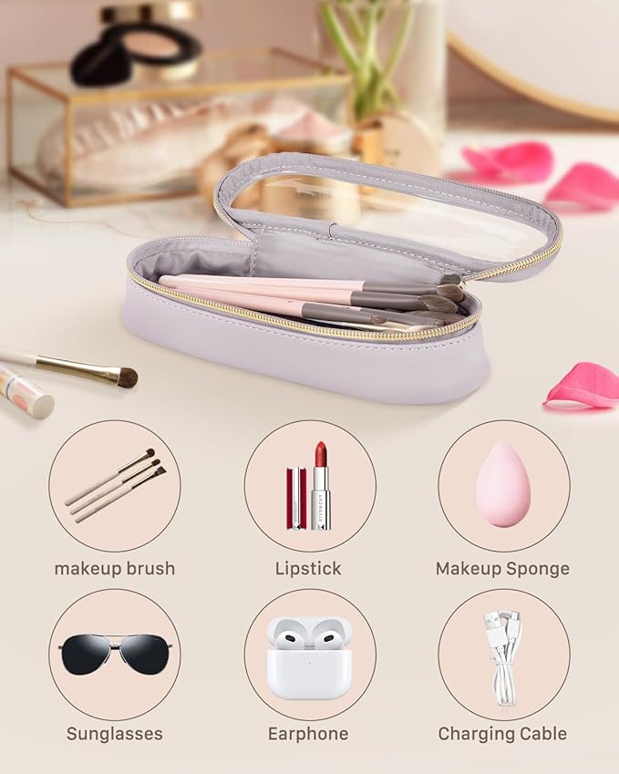 Clear Travel Makeup Brush Holder, Leather Makeup Brush Toiletry Bag, Portable Cosmetic Brush Case, Transparent Waterproof Makeup Brush Storage Bag, Purple